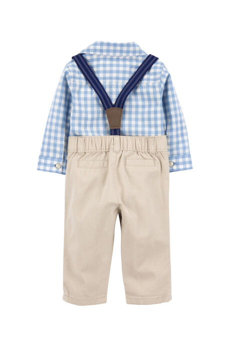 Set tres piezas de algodón, pantalón con tirantes y body camisa Set tres piezas de algodón, pantalón con tirantes y body camisa