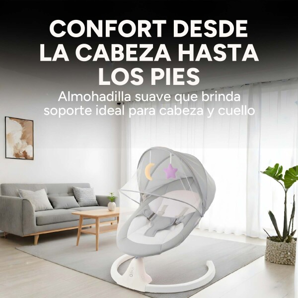 Silla Mecedora Bebé 5 Niveles Control Bluetooth Tul Mesita Gris