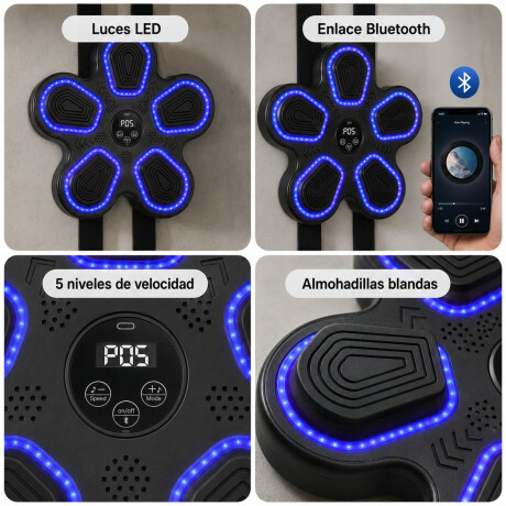 Máquina Boxeo Fitness Musical Pared BT LED Fitness + Guantes Negro