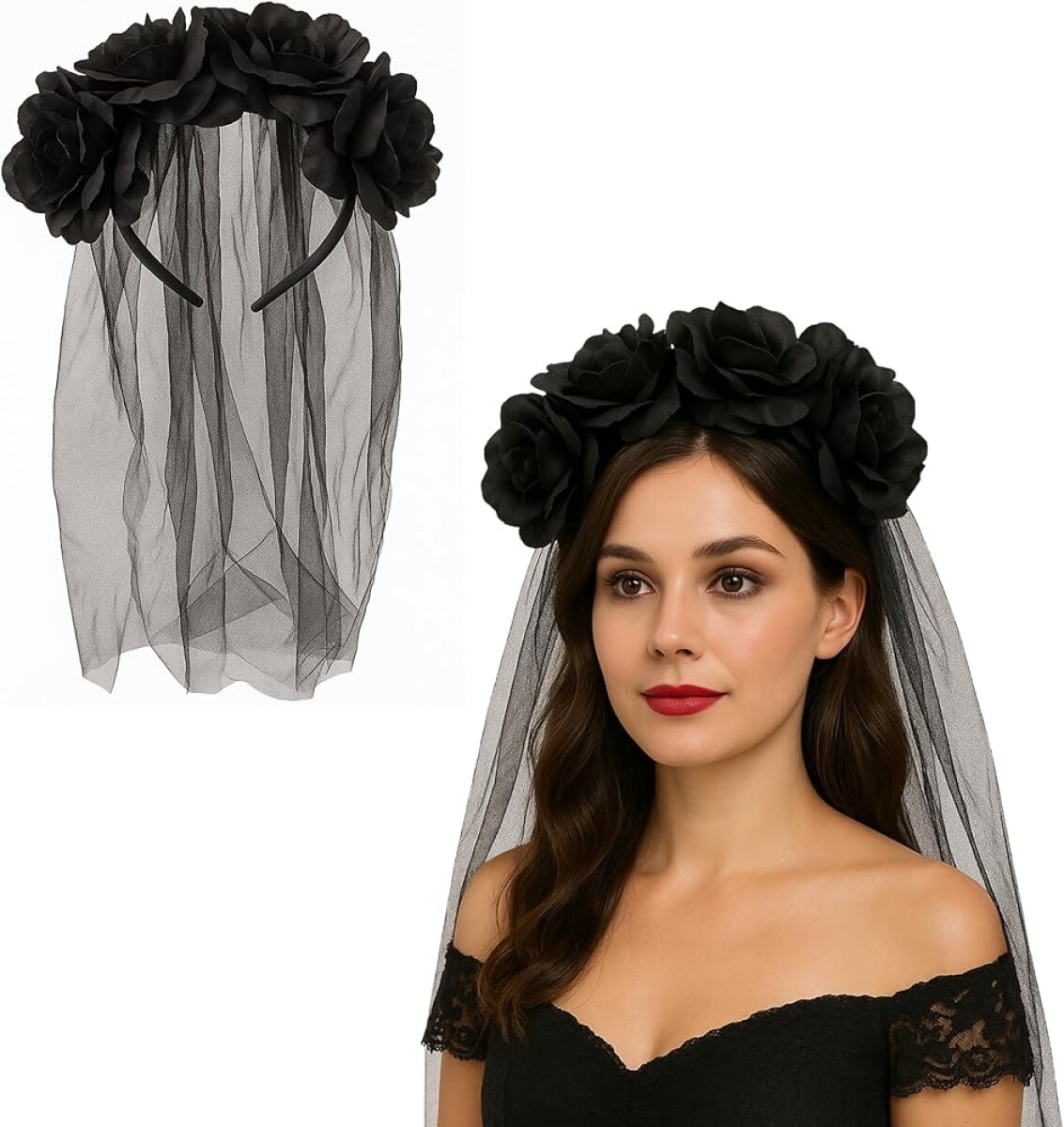 Vincha con Tul y Rosas Negras 