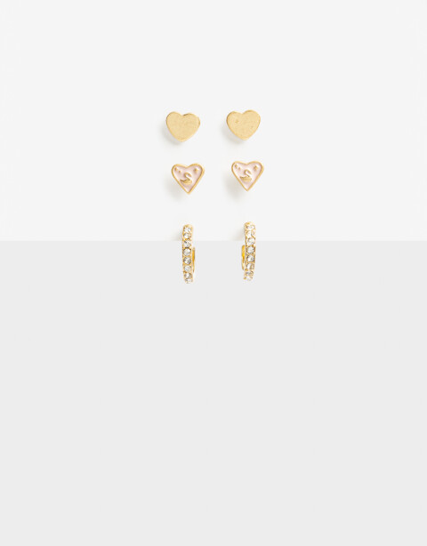 Aros Sets Metal Aros Sets De 3 Pares Corazón Y Strass - Dorado Oro Amarillo