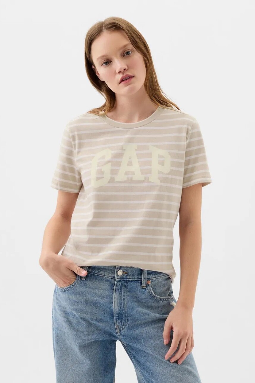 Remera Logo Gap Slub Mujer Khaki Stripe