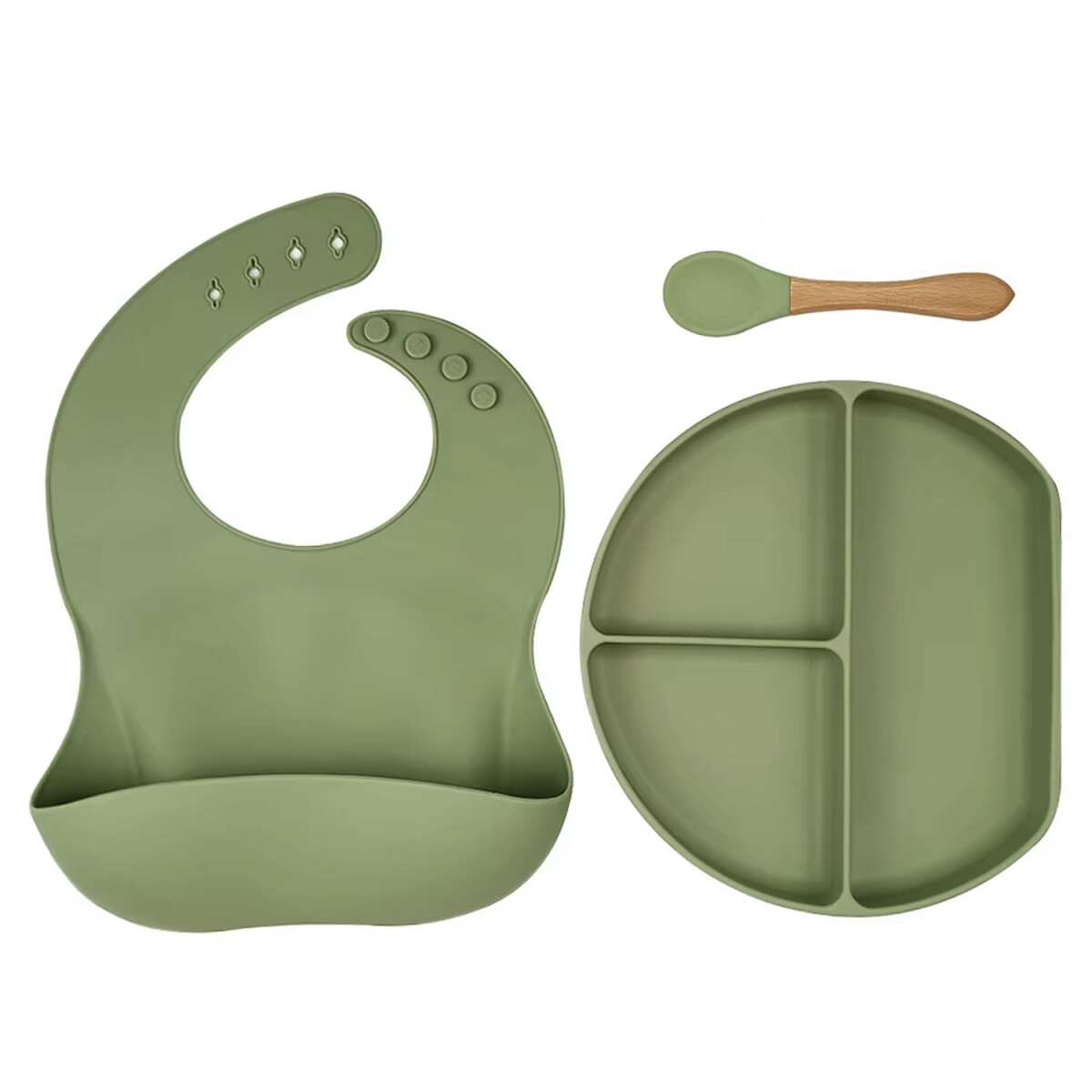 Set de Comida para Bebé con Babero Plato Cuchara en Silicona - Verde 