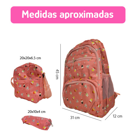Set Mochila 3 Piezas Estampado Helados Escolar Resistente Rosa
