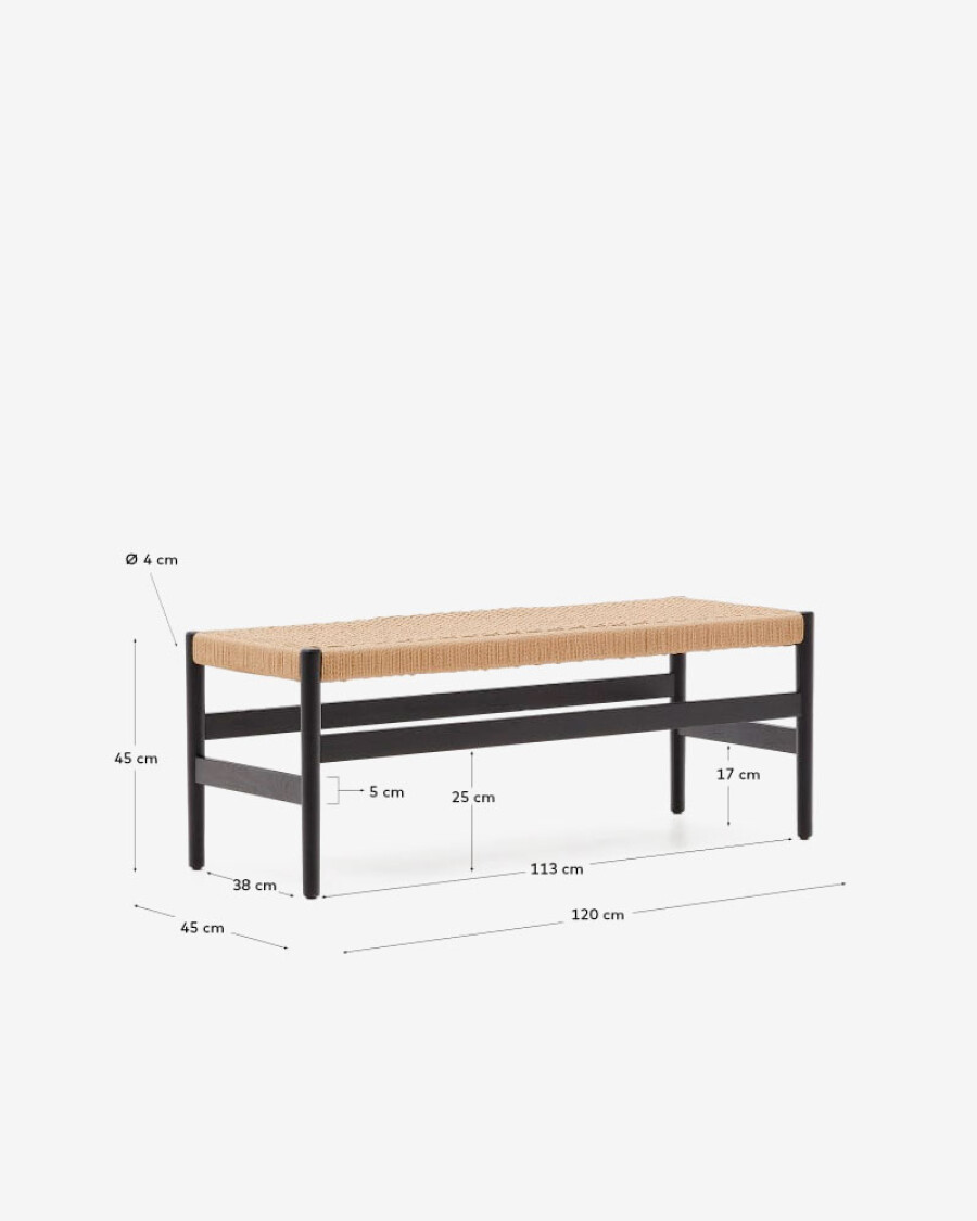 Banco Zaide de madera maciza de roble con acabado negro y asiento de cuerda 120cm