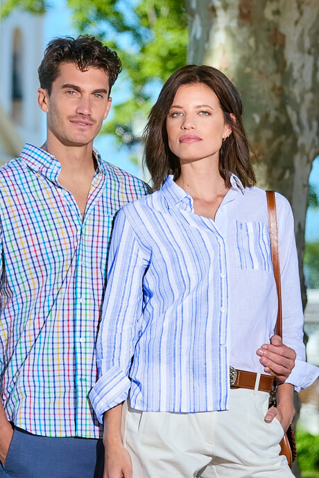 Camisa Suspiro en Lino Combinada Rayas Celestes con Blanco