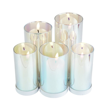 Candelabro de vidrio tornasolado con base de metal y velas LED Candelabro de vidrio tornasolado con base de metal y velas LED
