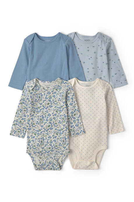 Pack cuatro bodies de algodón, manga larga, azul y crema, diseño flores Pack cuatro bodies de algodón, manga larga, azul y crema, diseño flores