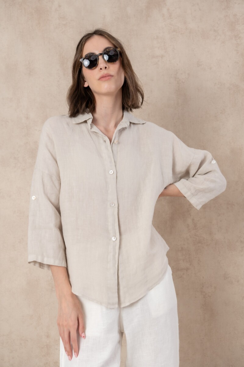 Camisa de lino lisa - Beige 