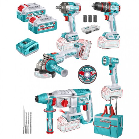 Kit Línea 20v: Percutor + Llave Impacto + Rotomartillo + Amoladora + Foco, 2 Baterías 4.0Ah Kit Línea 20v: Percutor + Llave Impacto + Rotomartillo + Amoladora + Foco, 2 Baterías 4.0Ah