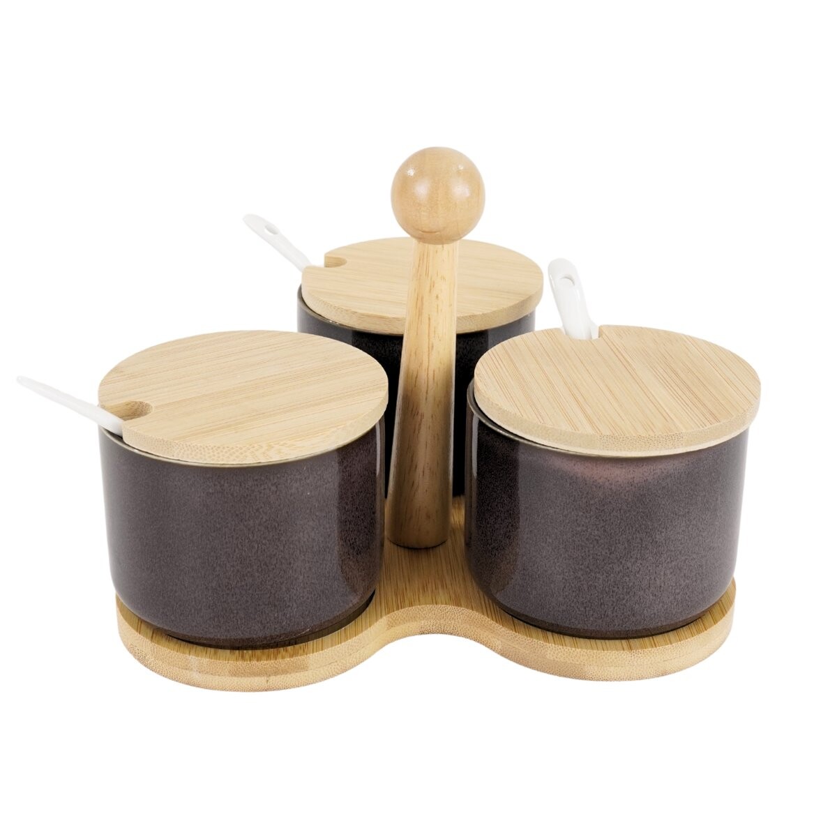 Set de 3 condimenteros de ceramica con base de bamboo 