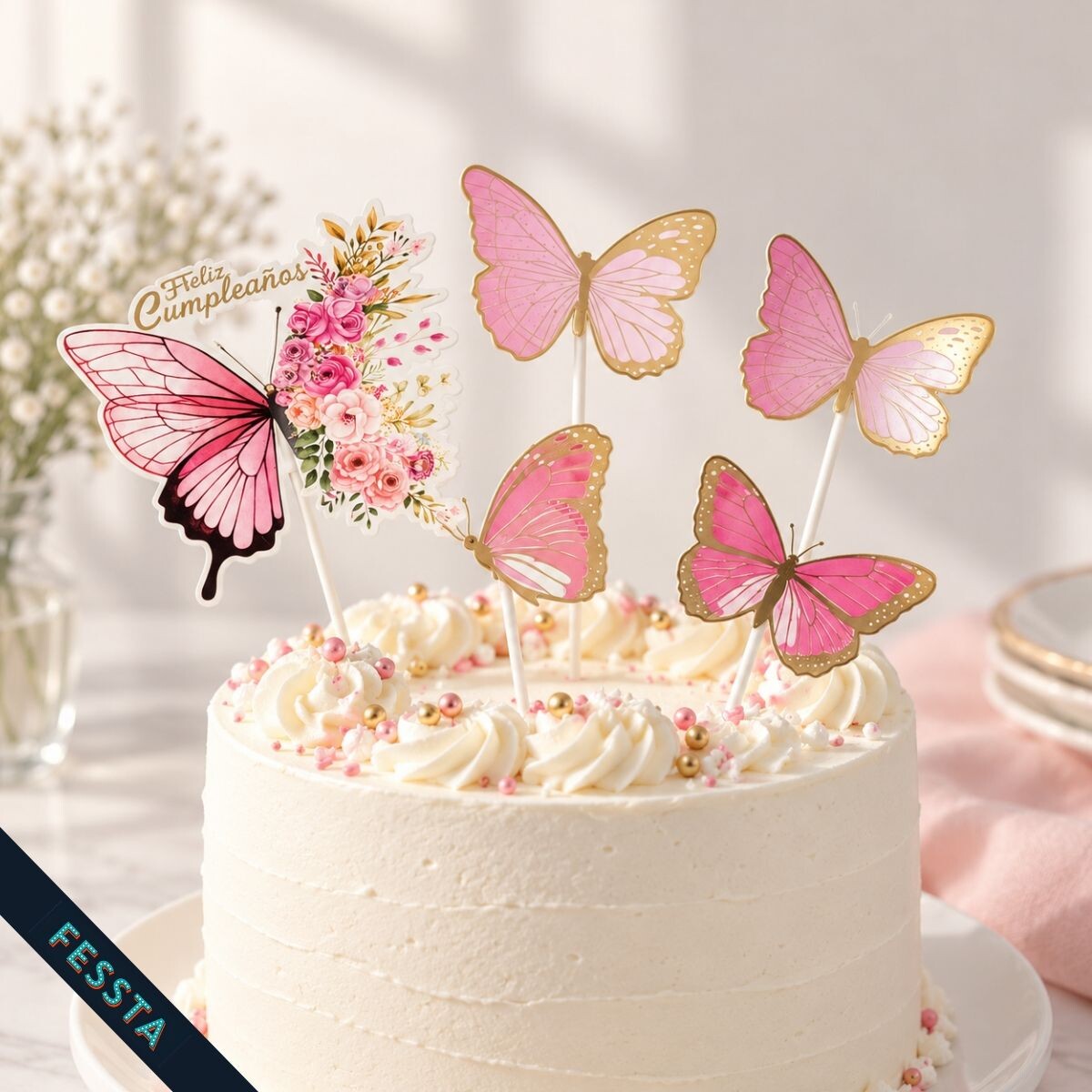 Topper Feliz Cumple Mariposa - Rosa 