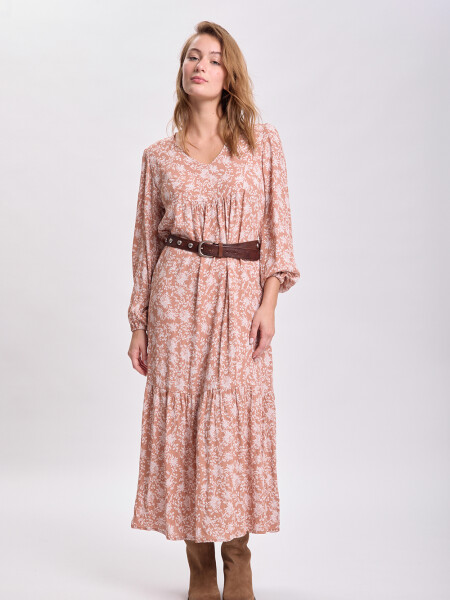 Vestido largo paneles estampa boho Tostado