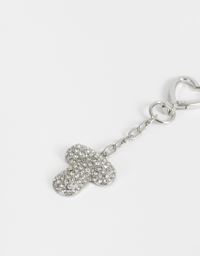 Llavero Glitter Llavero Y Charm Dije Letra "t" Strass - Plateado