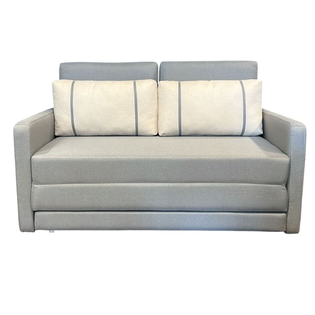 SOFA CAMA 1.46 MTS - PARRILLA EXTENSIBLE TELA GRIS - ALMOHADONES TELA CLARA 