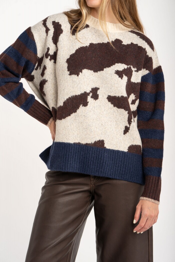 Sweater Animal Print Vaca Combinado Marrón
