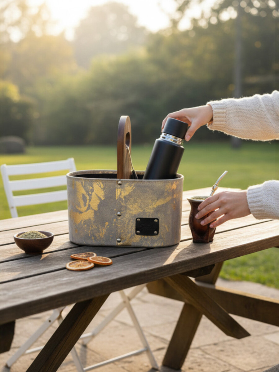 Matera Artesanal de Cuero con Detalles Metalizados - Beige con dorado 
