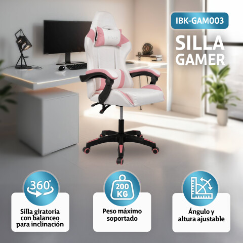 Silla Gamer Ergonomica Escritorio Reclinable Soporta 200kg Blanco con Rosa Silla Gamer Ergonomica Escritorio Reclinable Soporta 200kg Blanco con Rosa