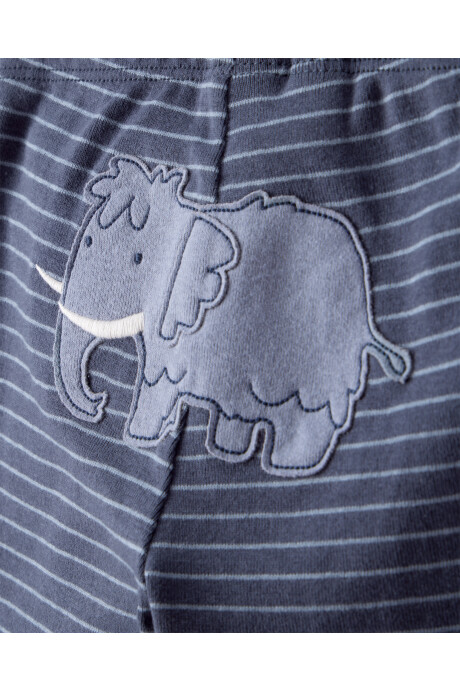 Set tres piezas de algodón, pantalón y dos bodies, azul y blanco, diseño elefante Set tres piezas de algodón, pantalón y dos bodies, azul y blanco, diseño elefante