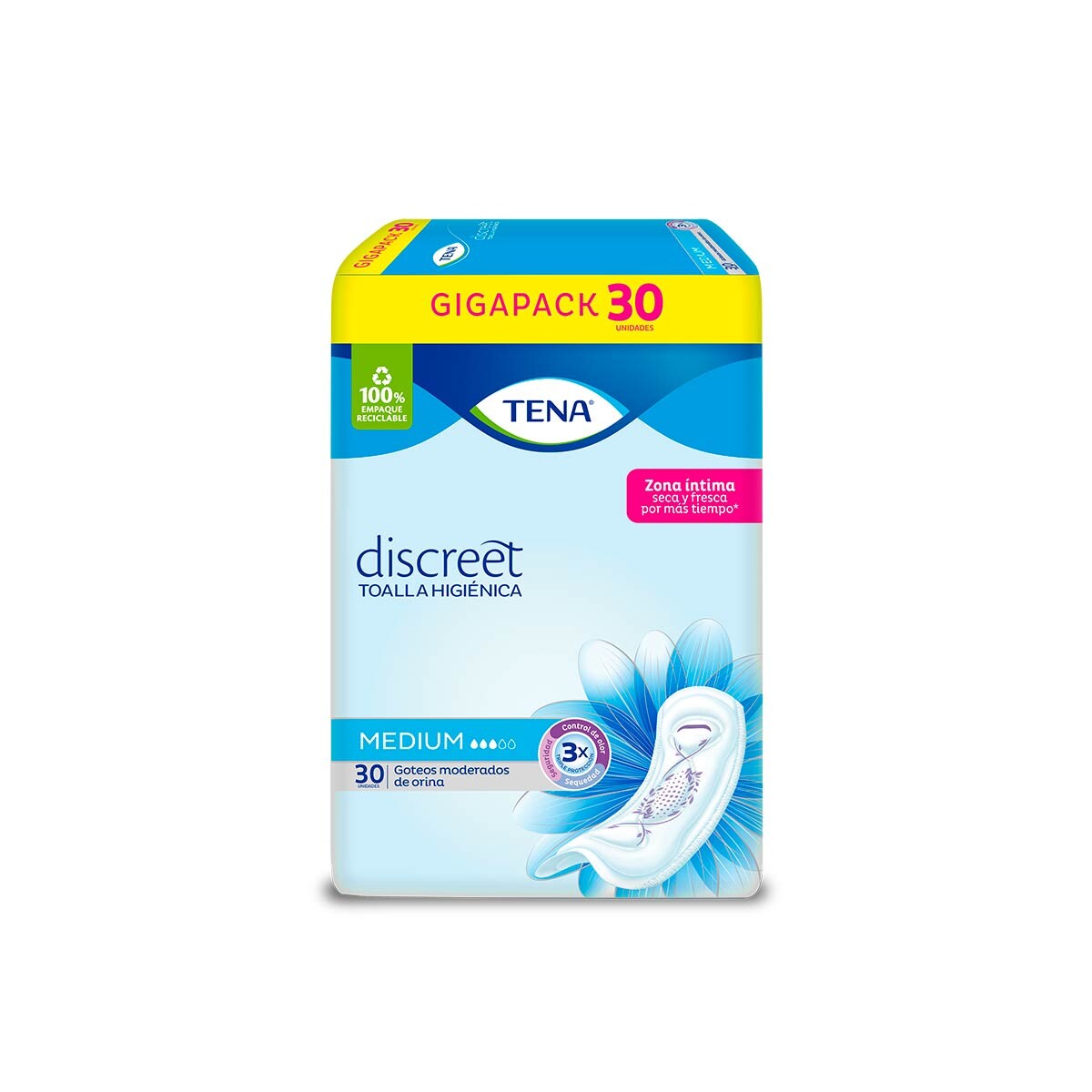 TENA TOALLA DISCREET MED PAQ. X 30 UNID. 