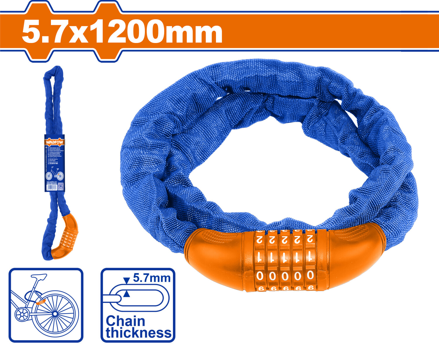 CANDADO CADENA BICICLETA COMBINACION 5.7X1.2MTS WADFOW WBK4157 