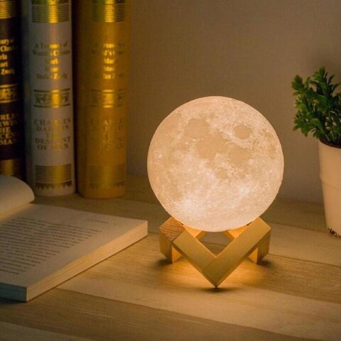 Velador con luz led lampara luna llena con base de madera c Unica