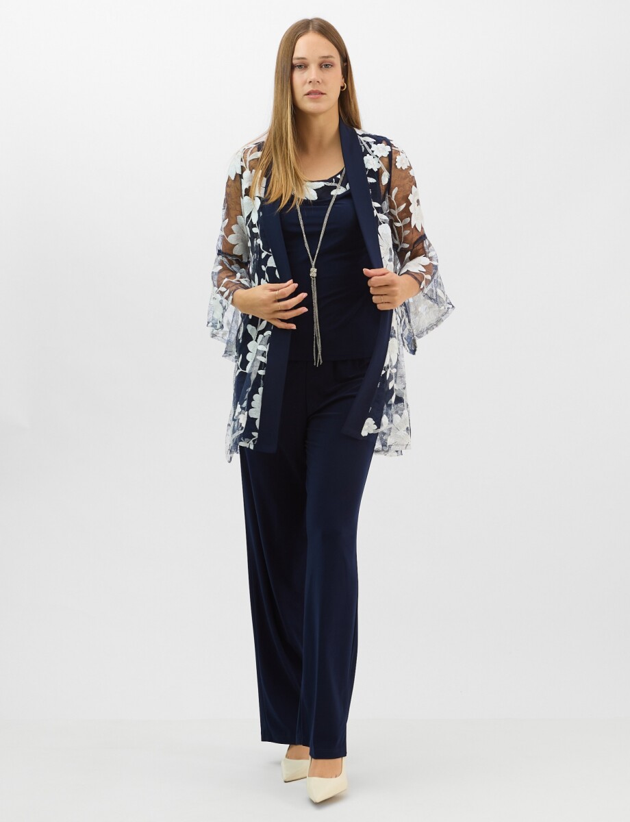 Conjunto Tres Piezas - Kimono Bordado - Azul 