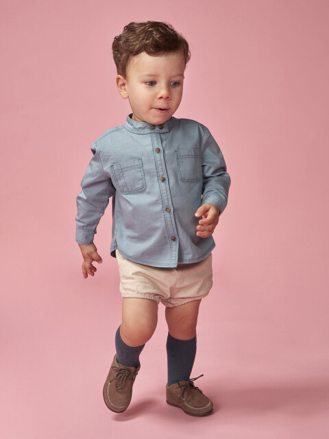 Camisa Cuello Mao Con Bolsillos Azulado