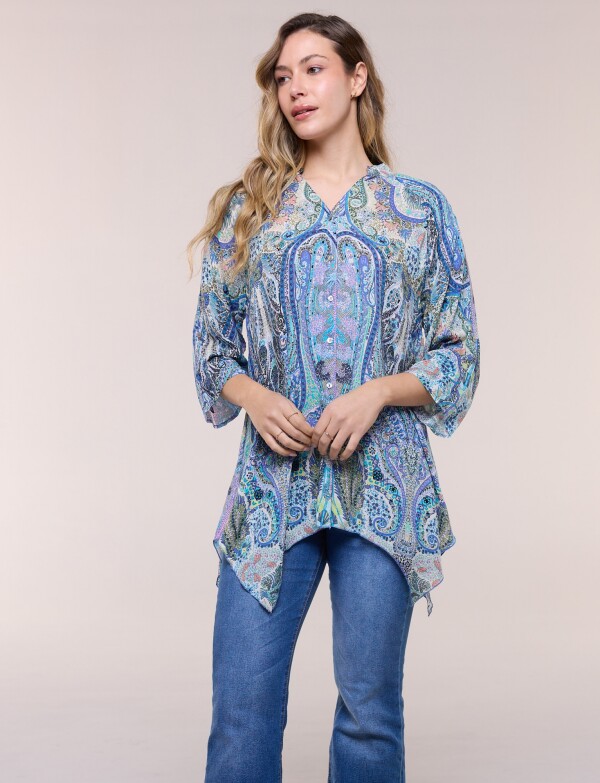 Blusa Holgada Manga 3/4 Roll-up MULTI/AZUL