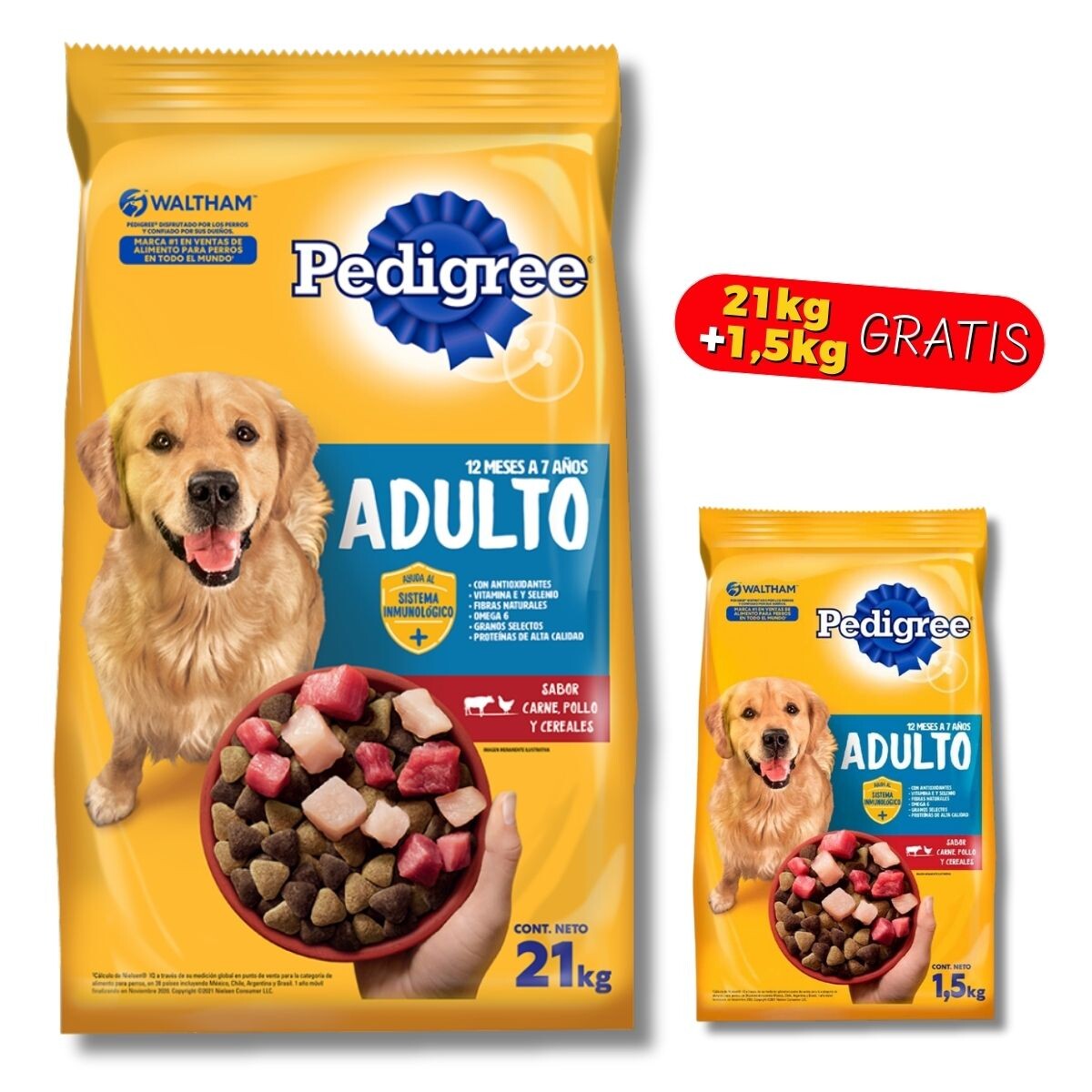 PEDIGREE PERROS ADULTOS - 21 + BOLSA DE 1,5 KG DE REGALO 