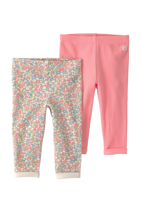 Pack dos pantalones de algodón orgánico acanalado, diseños flores y rosado Sin color