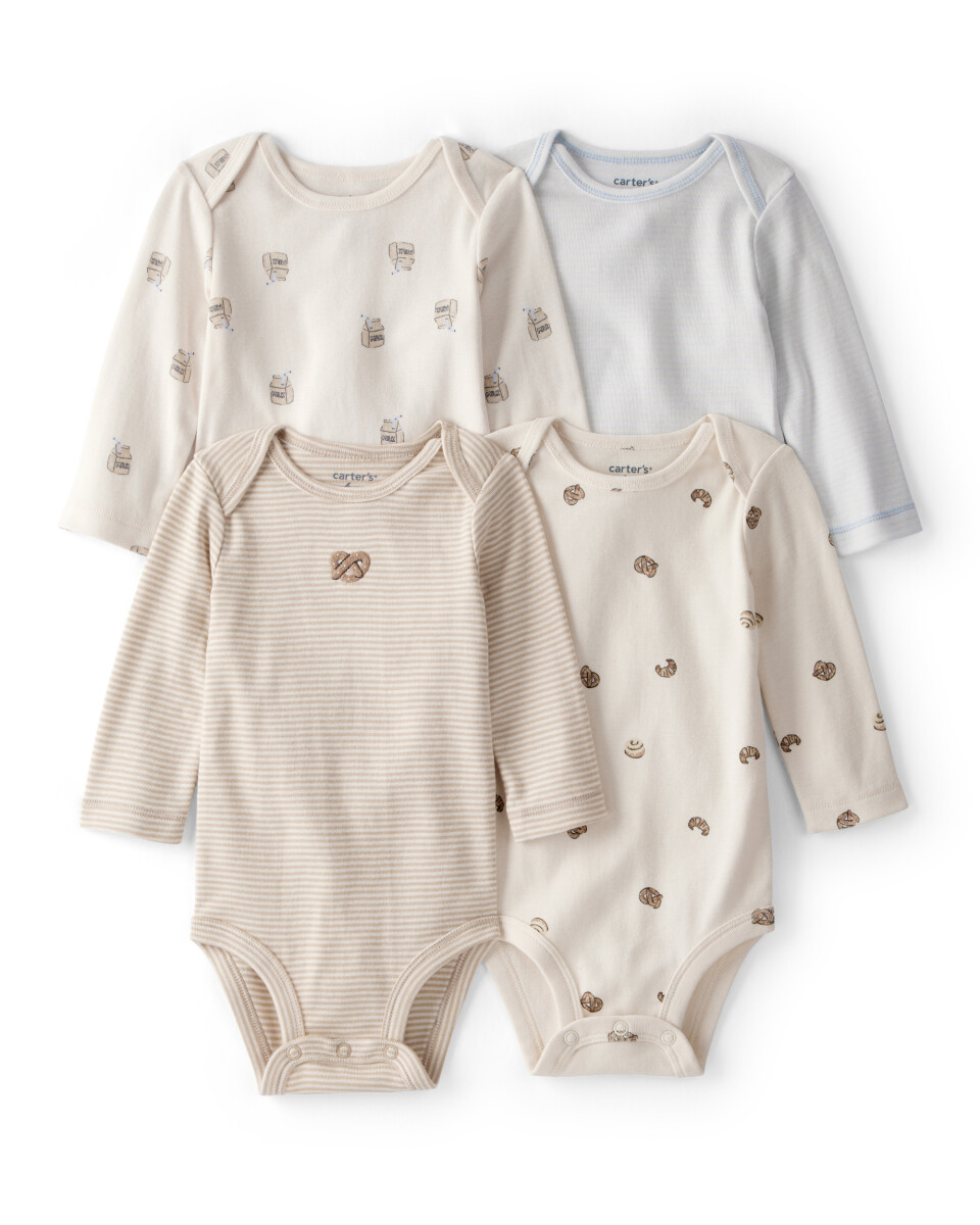 Pack cuatro bodies de algodón, diseño snacks 