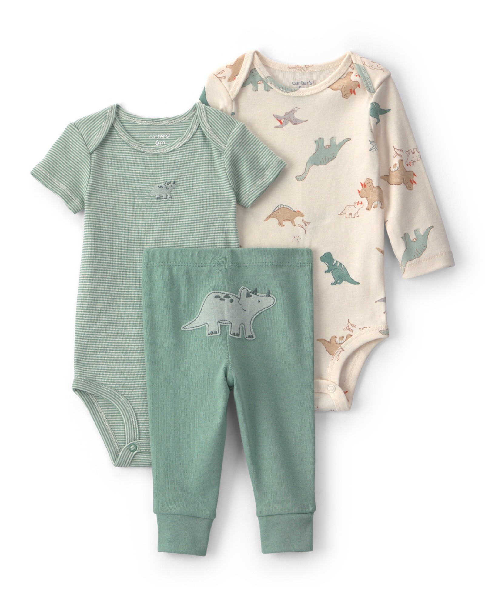Set tres piezas de algodón, pantalón y bodies, verde y crema, diseño dinos Sin color