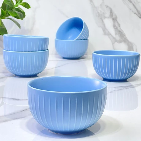 Juego De 6 Bowls Rayas Celeste Cerámica Ø14cm x Alto 8cm Juego De 6 Bowls Rayas Celeste Cerámica Ø14cm x Alto 8cm