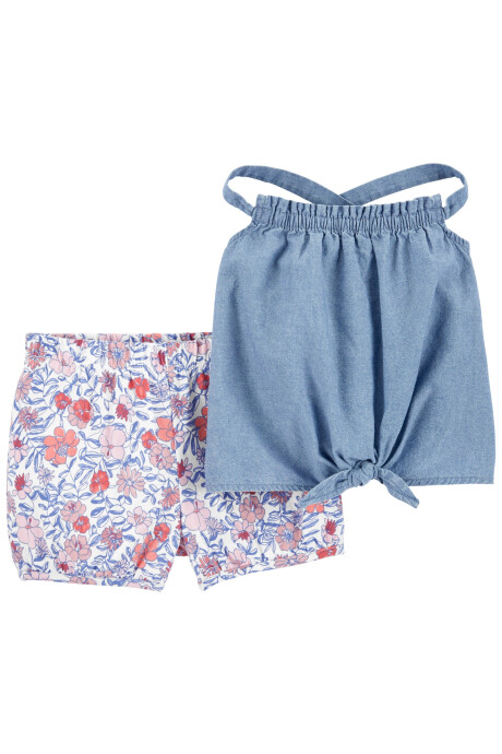 Set dos piezas, short de algodón y blusa chambray con tirantes cruzados Sin color