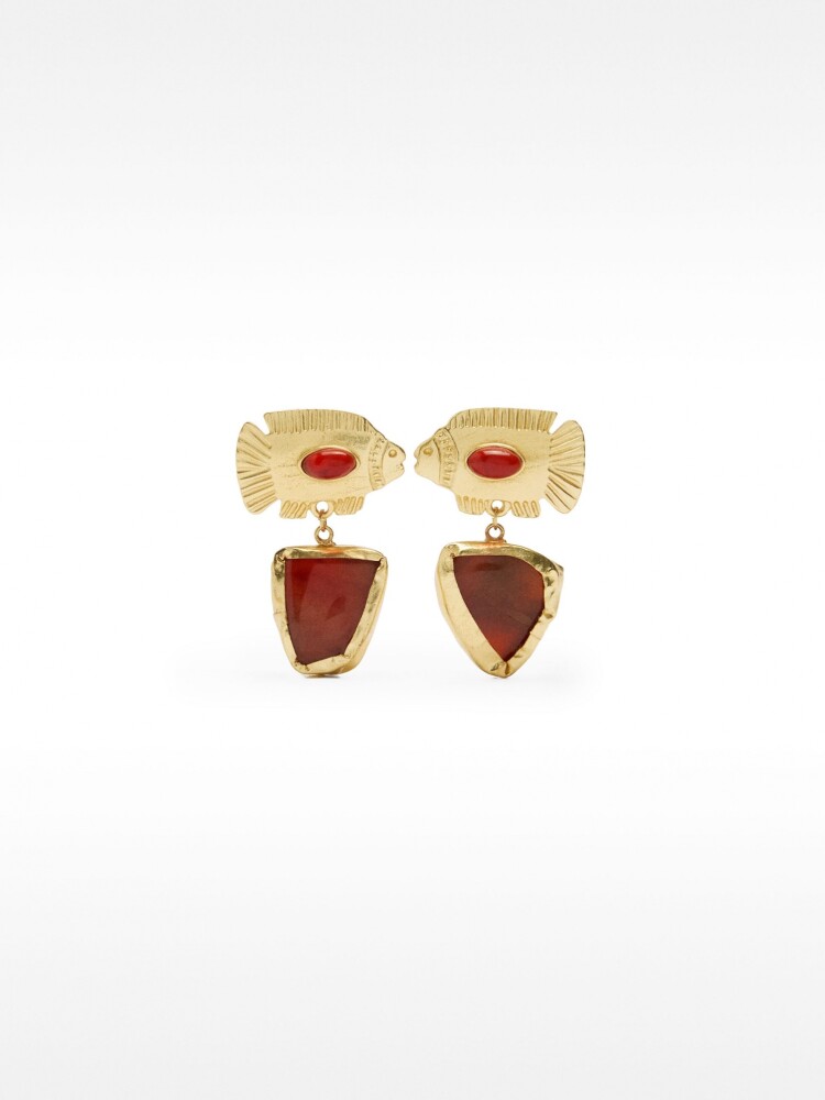 Pendientes De Peces Con Piedra rojo