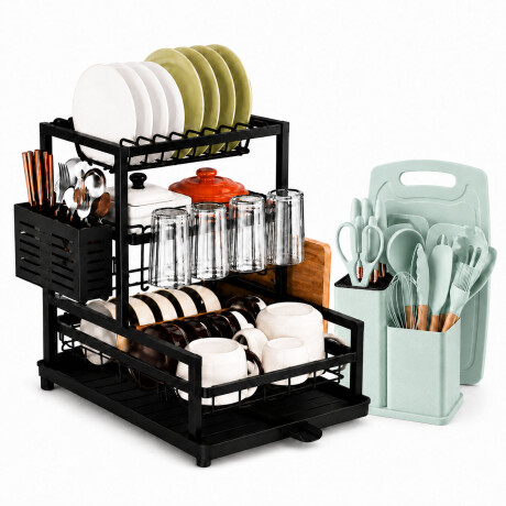 Set Utensilios Cocina 19Pz + Escurridor 3Niv. Drenaje Autom. Verde Claro