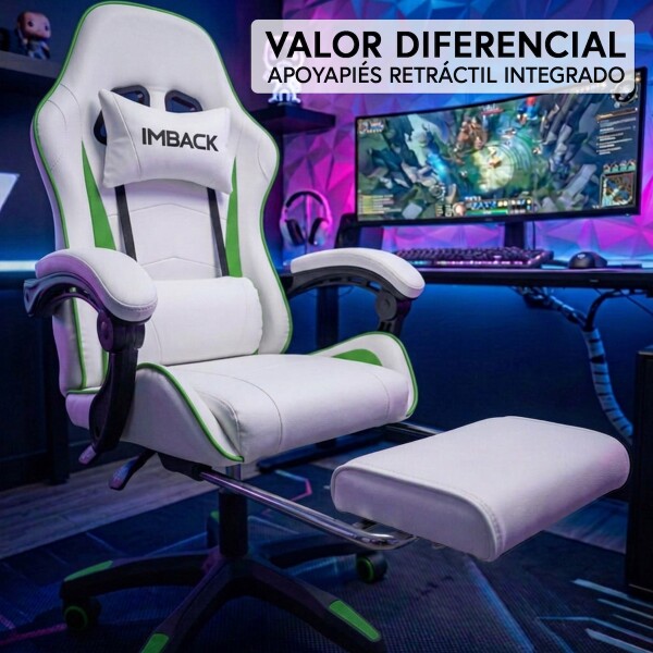 Silla Gamer Ergonomica Escritorio Reclinable con Apoyapies Soporta 200kg IMBACK Color Blanco y Verde Silla Gamer Ergonomica Escritorio Reclinable con Apoyapies Soporta 200kg IMBACK Color Blanco y Verde