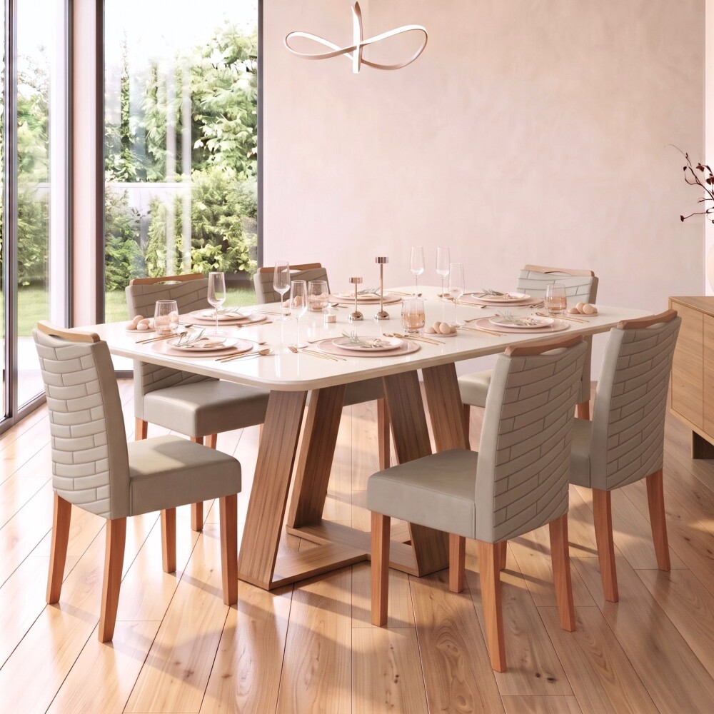 Juego De Comedor - 6 Sillas + Mesa Vidrio - Celeste Marrón | Beige