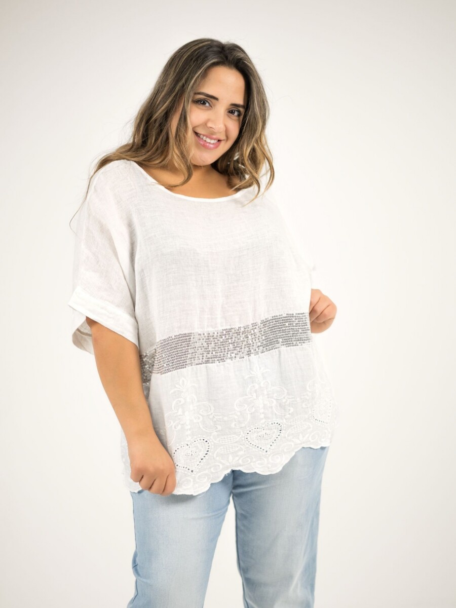 Blusa 100% lino con broderie y lentejuela Blanca