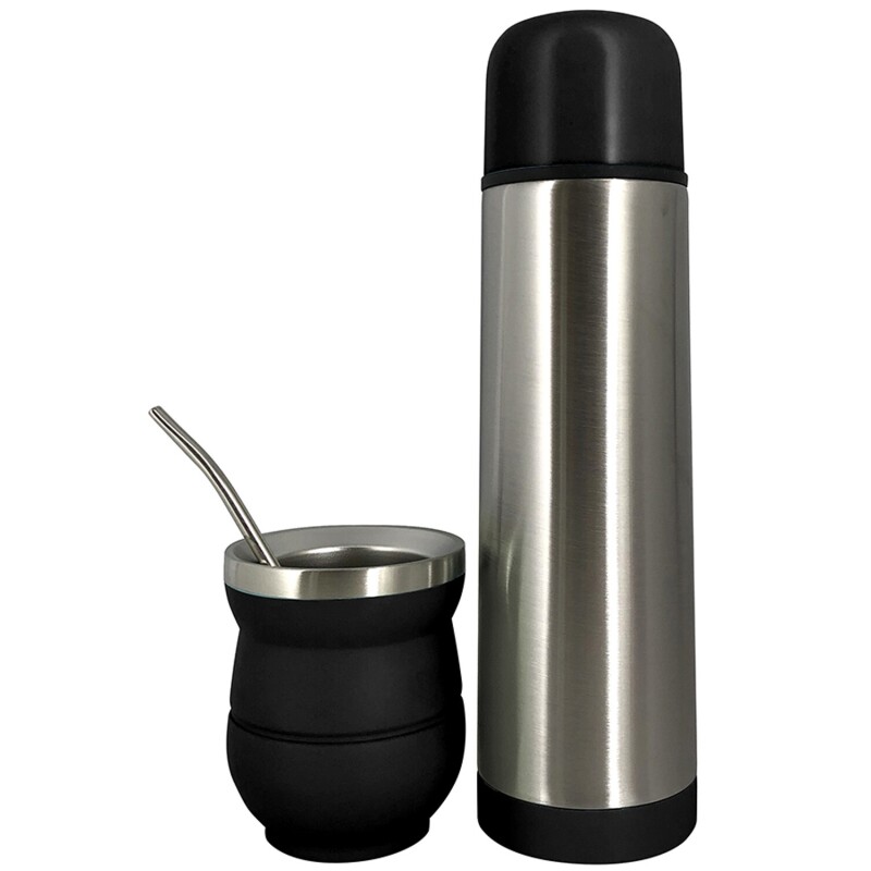 Set Termo Selecta 500ml + Mate + Bombilla Para Mate Y Bebidas Calientes Negro