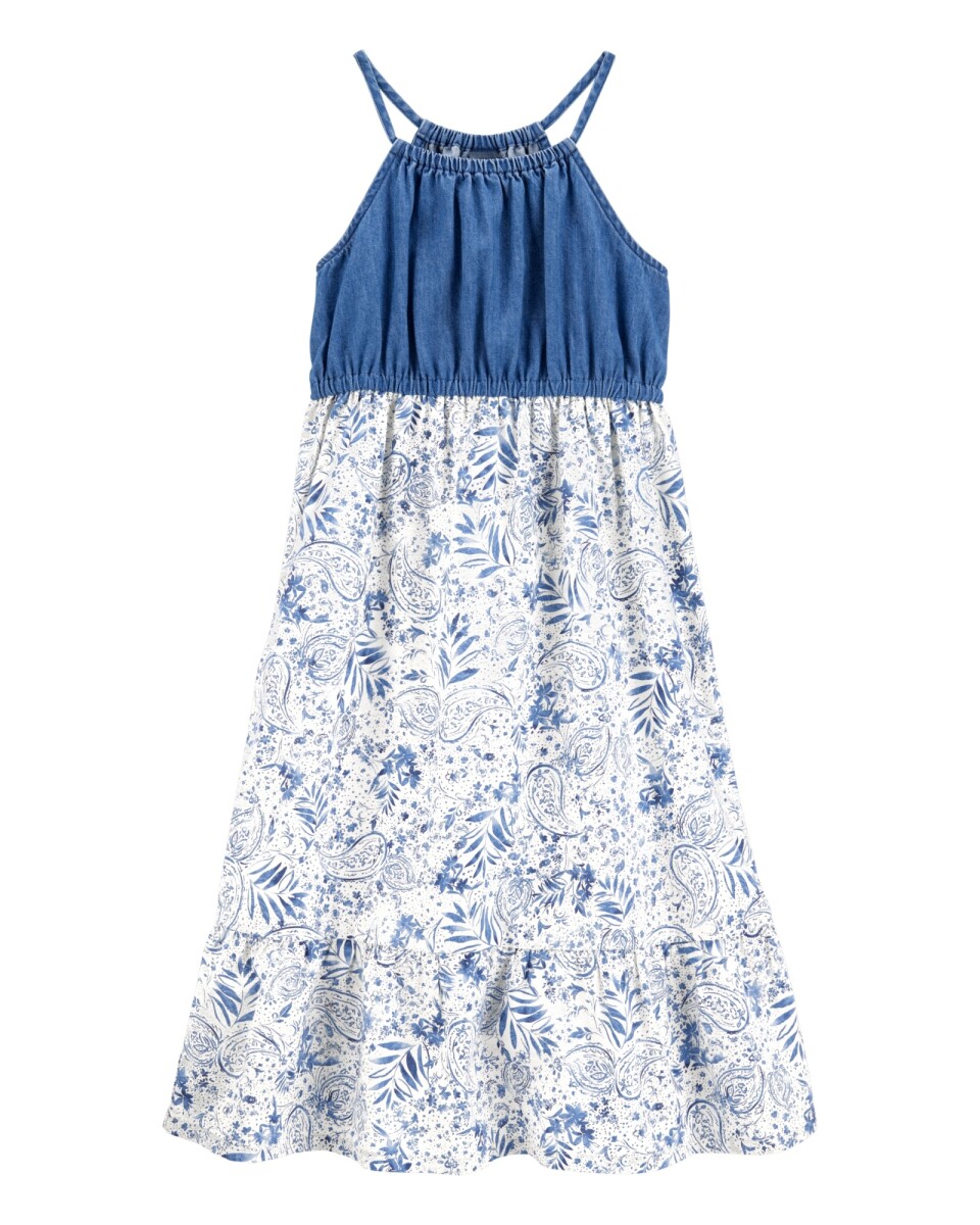 Maxi vestido de algodón y chambray, diseño floral 