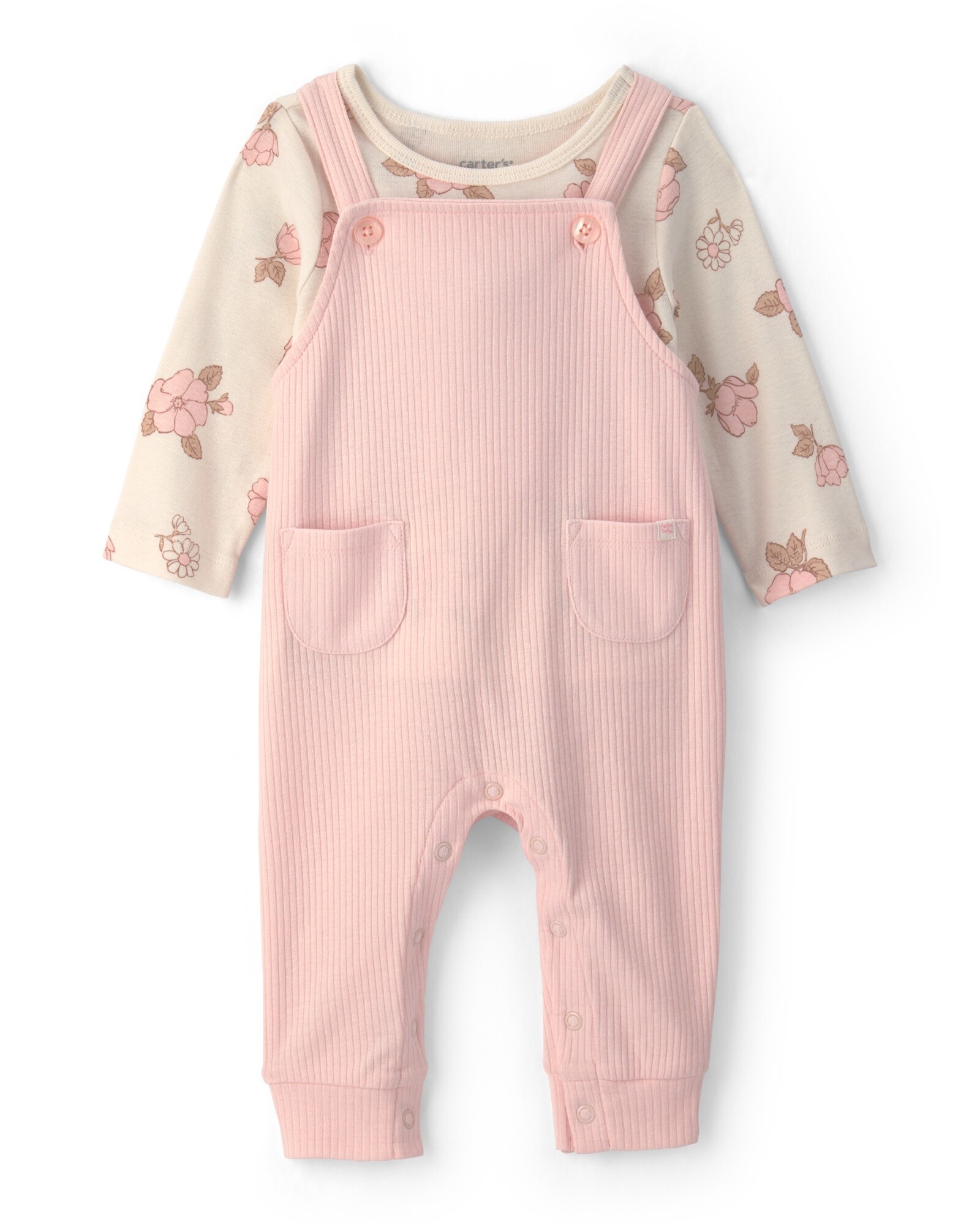 Set dos piezas de algodón, enterito y remera, rosado y crema, diseño floral Sin color