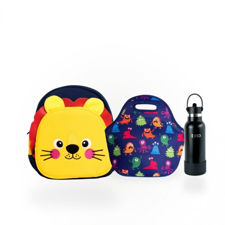 Set de mochila infantil animales de neopreno, lunchera de neopreno y botella de acero inoxidable 500ml brio set-monstruos