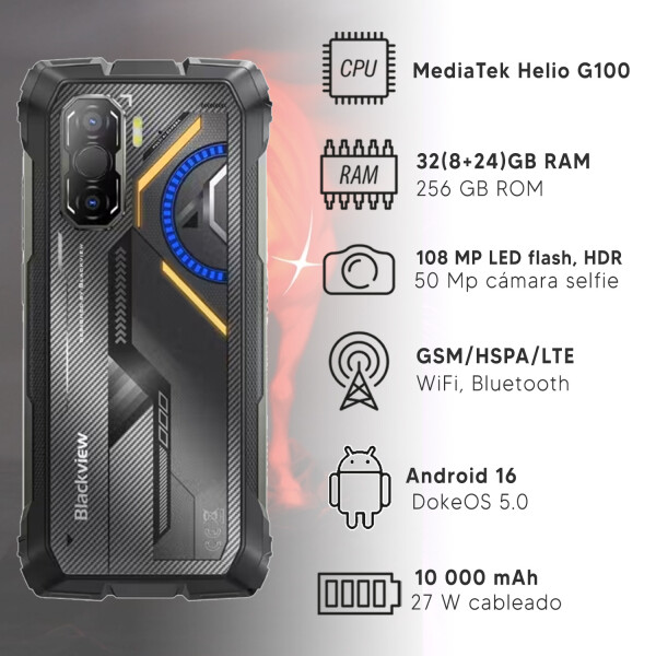 Blackview Rock 3 32(8+24)gb Ram 256gb 4g Robusto De Trabajo CEL BLACKVIEW ROCK 3 8/256 4G RUGGED BK