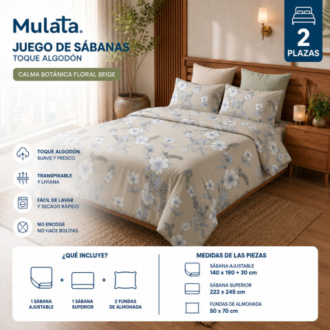 Juego De Sabanas 2 Plazas Toque Algodón Sommier Calma Botánica Floral Beige Juego De Sabanas 2 Plazas Toque Algodón Sommier Calma Botánica Floral Beige