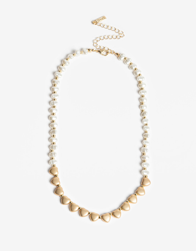 Collares Cortos Perlas Collar Corto Perlas Y Corazones - Dorado
