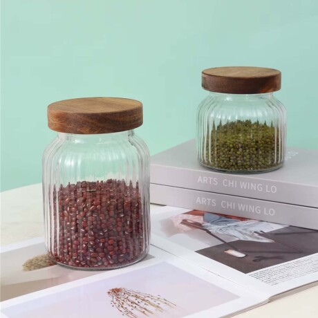 Set X3 Frascos Recipientes Vidrio Labrado Tapa Rosca Madera Transparente