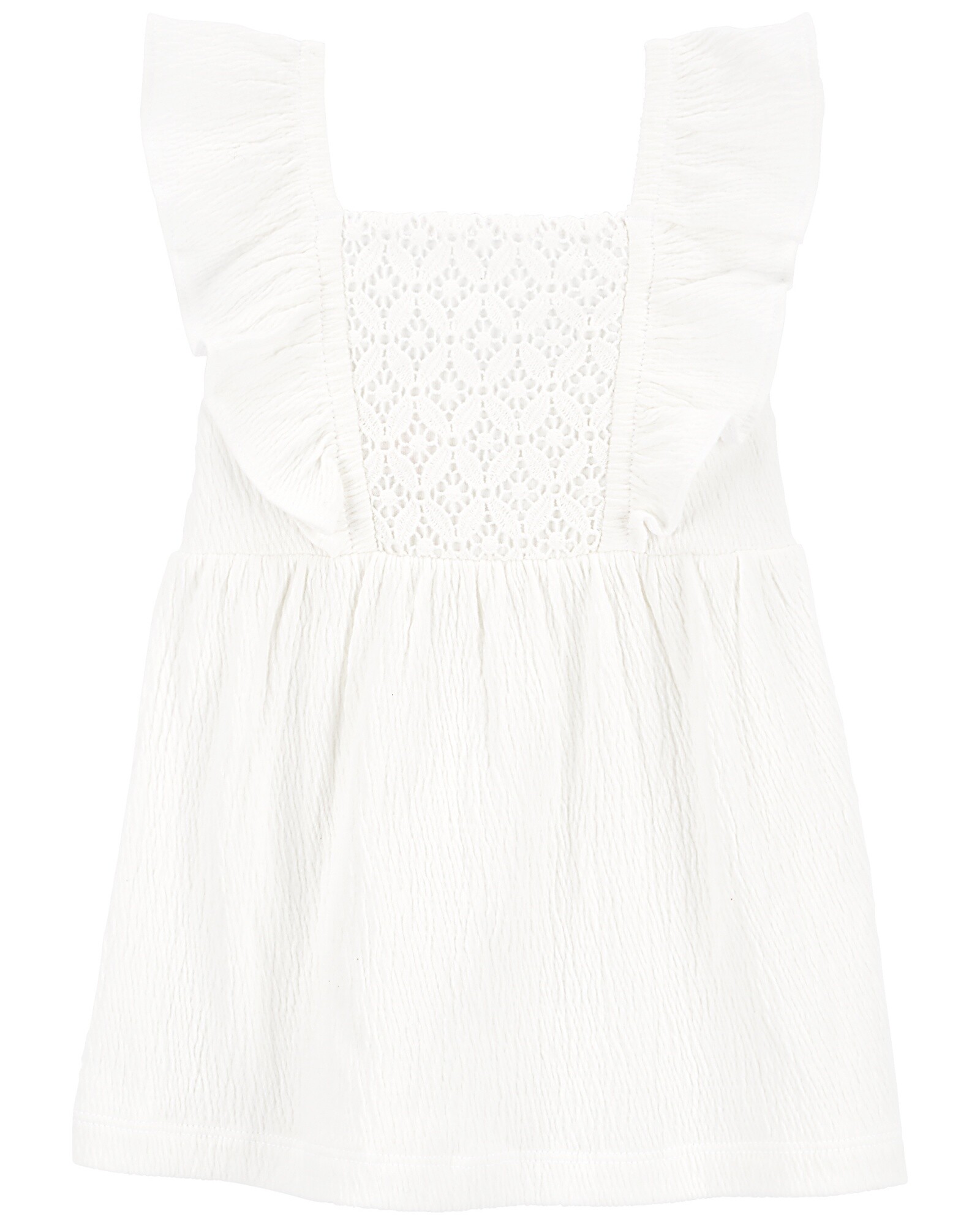 Vestido de jersey arrugado, con canesú a crochet. Talles 3-24M Sin color