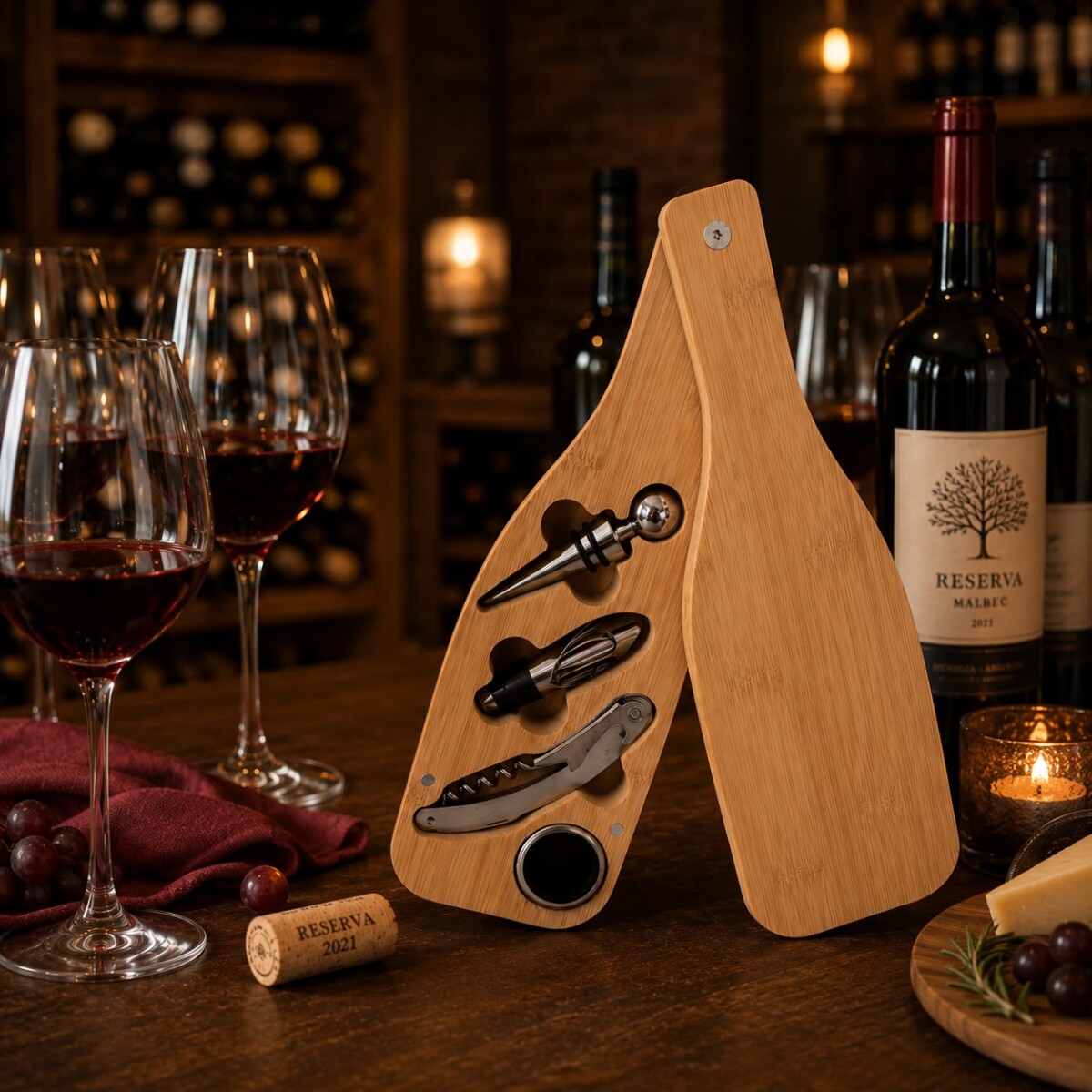 Set de Accesorios para Vino 4 Piezas en Caja Bamboo 